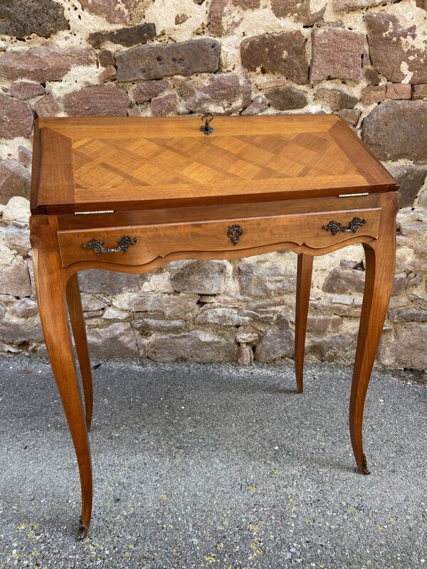 Bureau de pente scriban Dos d’Âne style Louis XV merisier 1970