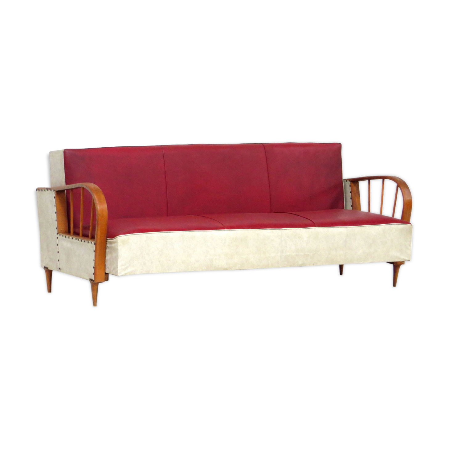 1950s vintage mid century sofa bed in red & creme leatherette
