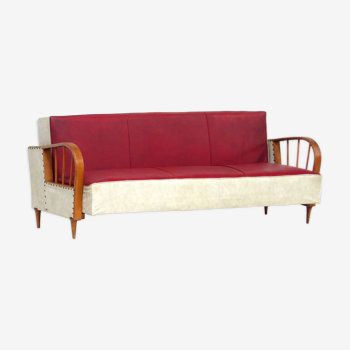 1950s vintage mid century sofa bed in red & creme leatherette