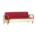 1950s vintage mid century sofa bed in red & creme leatherette