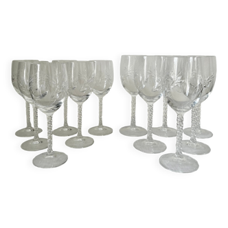 Set of 12 chiseled glass stemmed glasses, 6 wine glasses and 6 water glasses