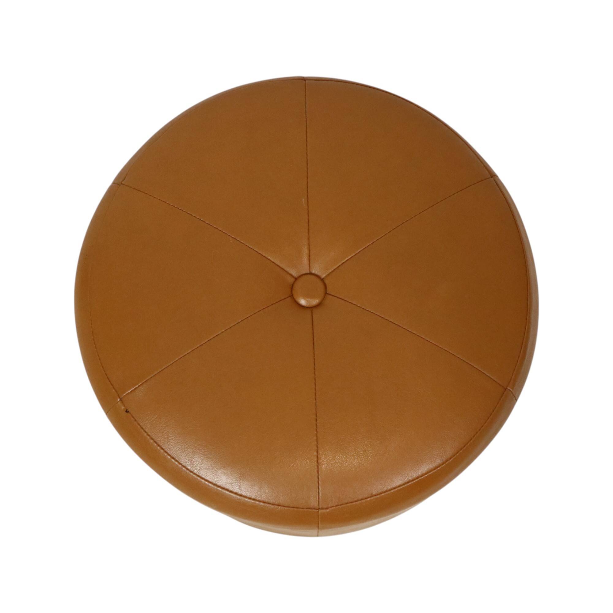 Round Vintage Pouf Camel Brown Skai Faux Leather