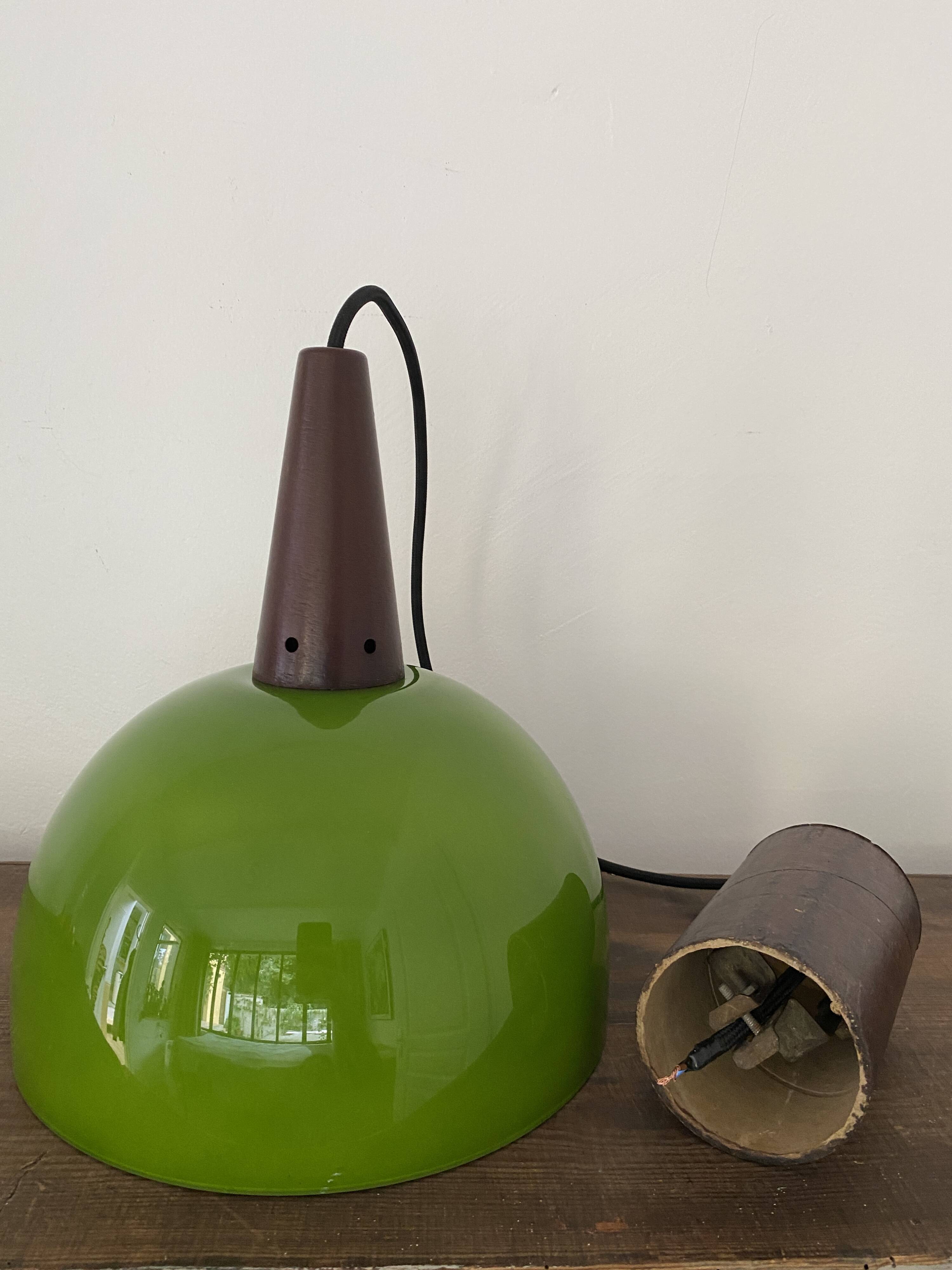 Vintage half globe pendant light in green opaline, imitation teak elements, 50s/60s