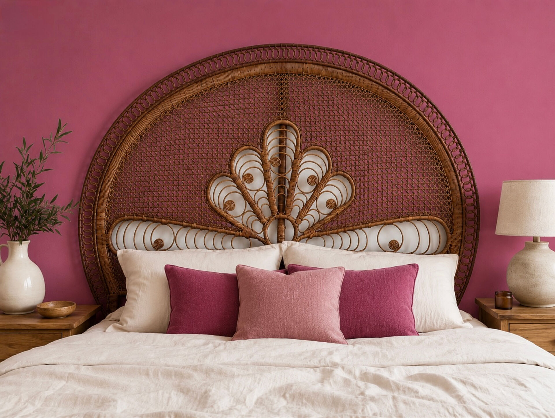 Large vintage headboard in woven rattan fan / Peacock 180cm