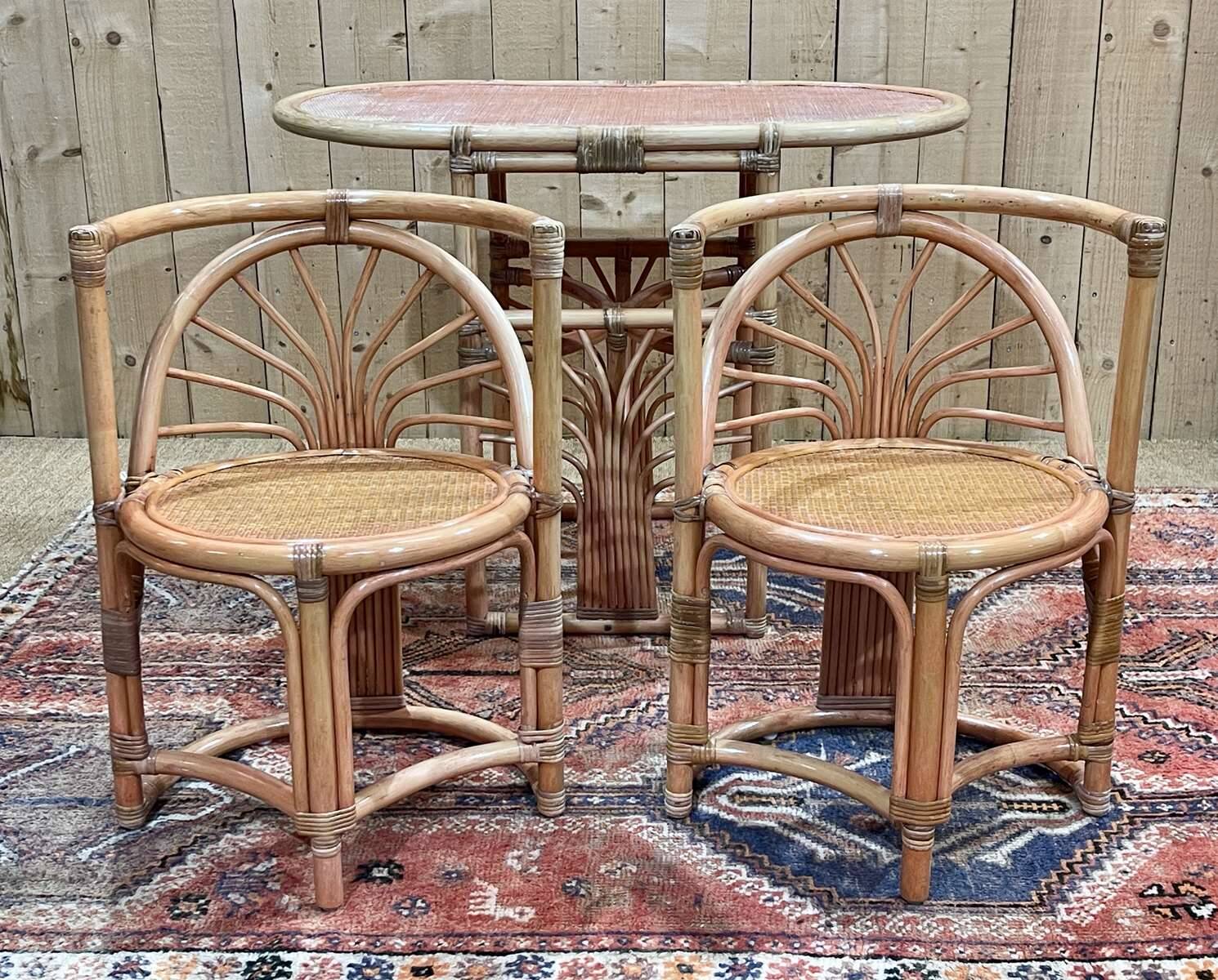 Bamboo and rattan living room set, 1 table and 2 chairs - 70s