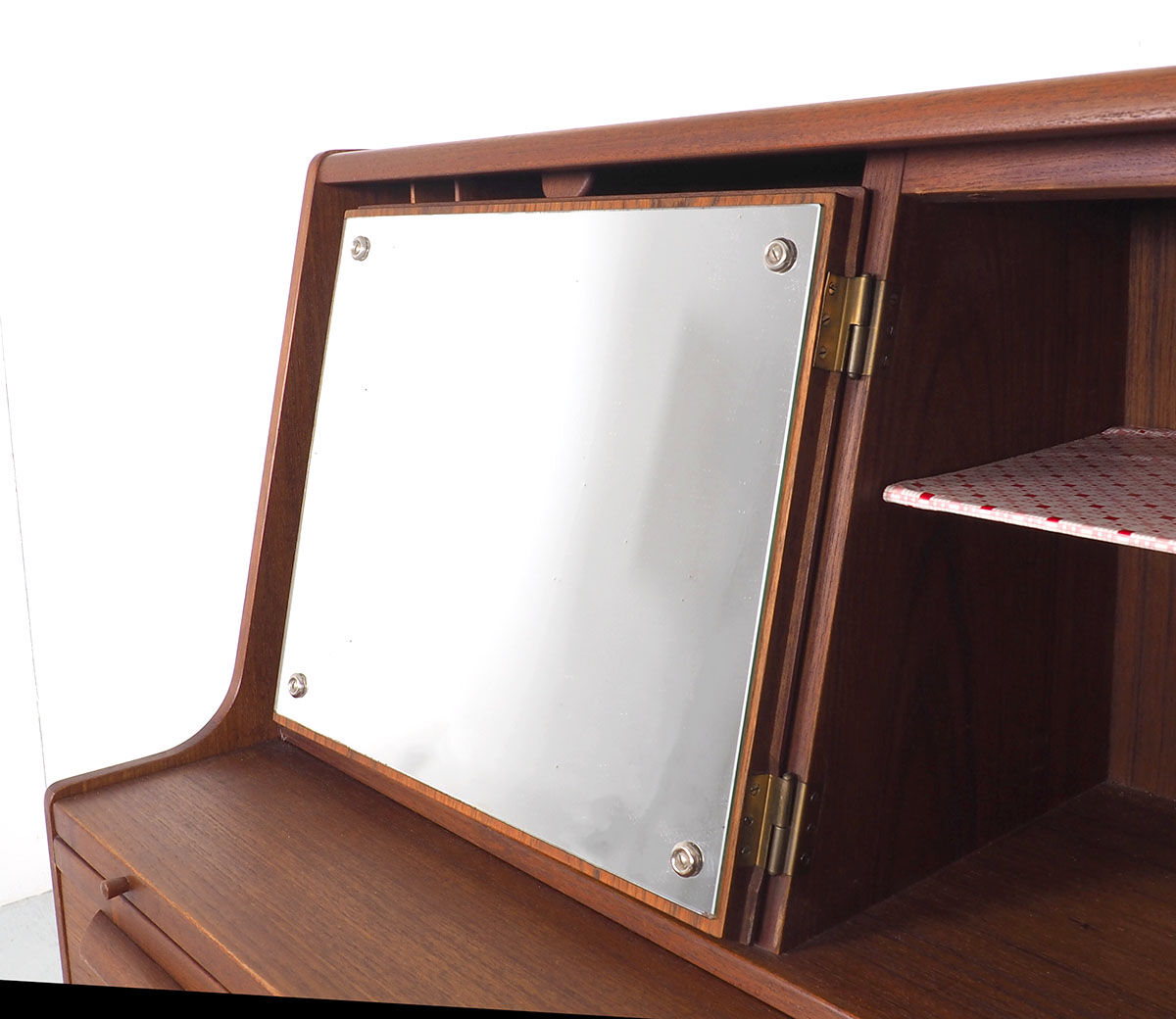 Danish teak secretaire with mirror and pull out desk, 1960s Danish teak secretaire with mirror