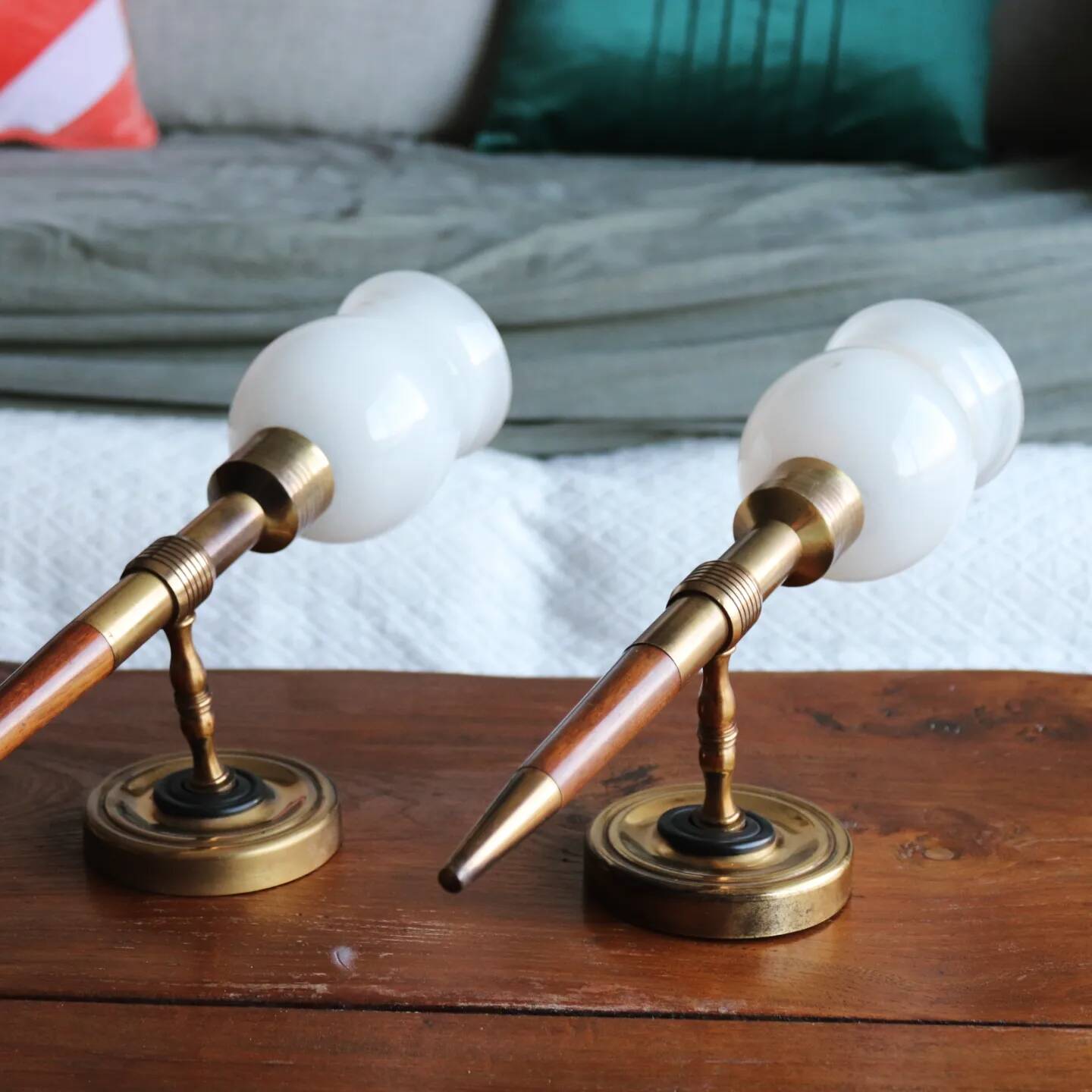 Pair of vintage Lunel house wood and brass wall lights