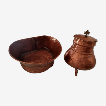 Lave main fontaine en cuivre martelée avec support bois