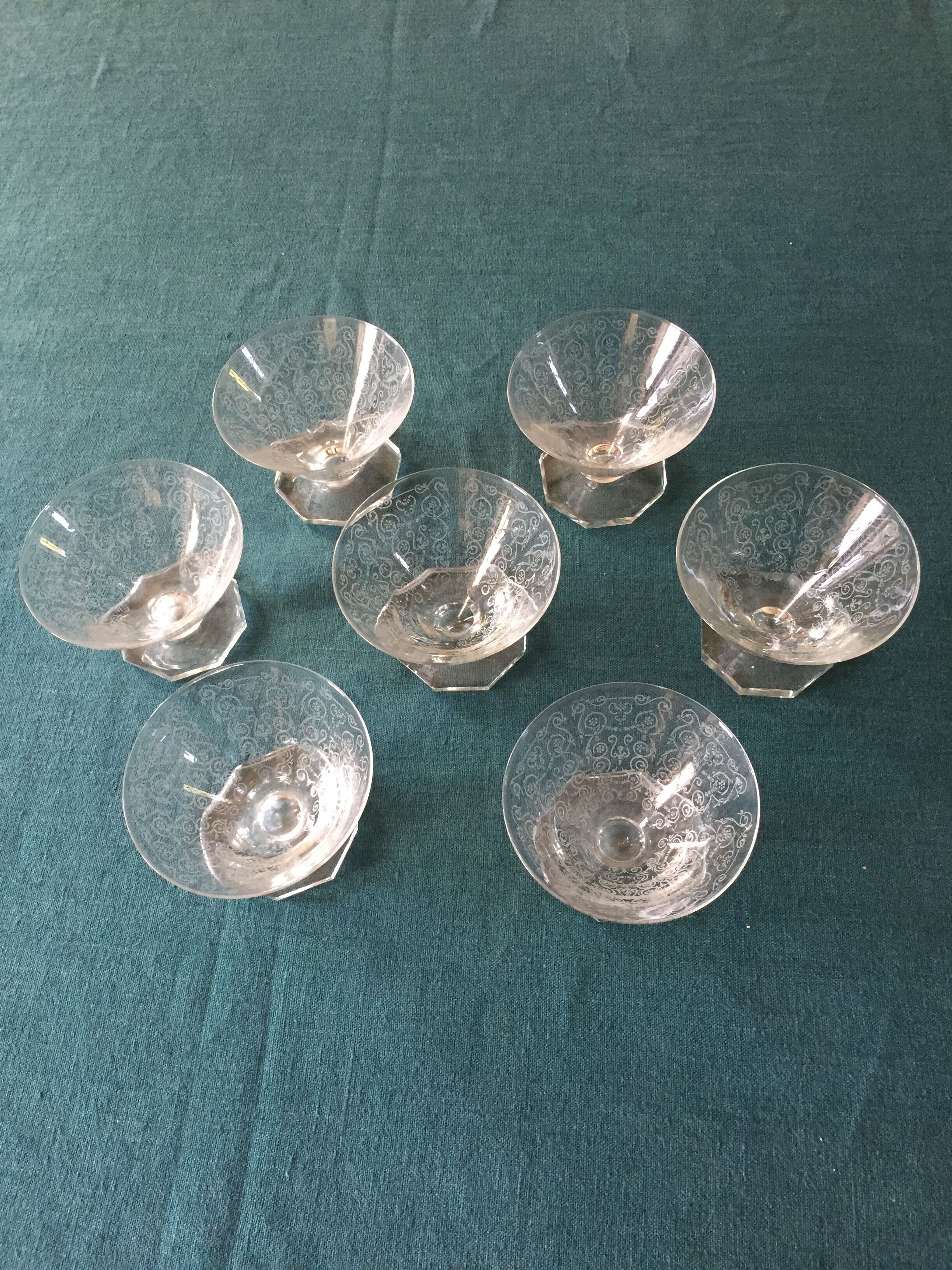 Series of 7 engraved Art Deco dessert cups