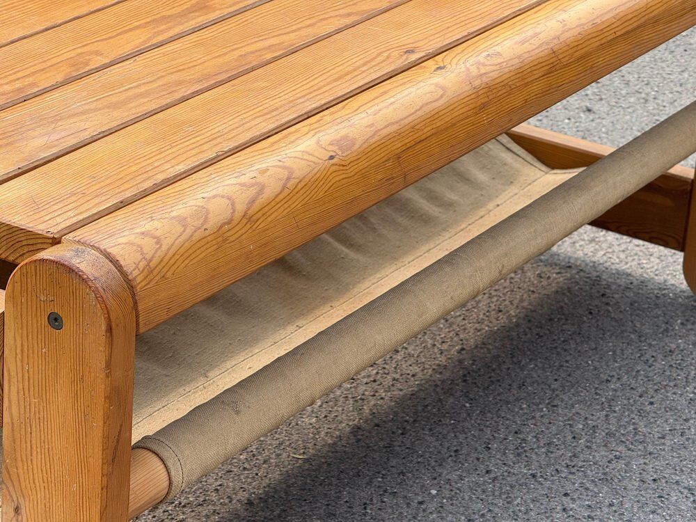 Scandinavian pine bench with canvas storage, 1970s