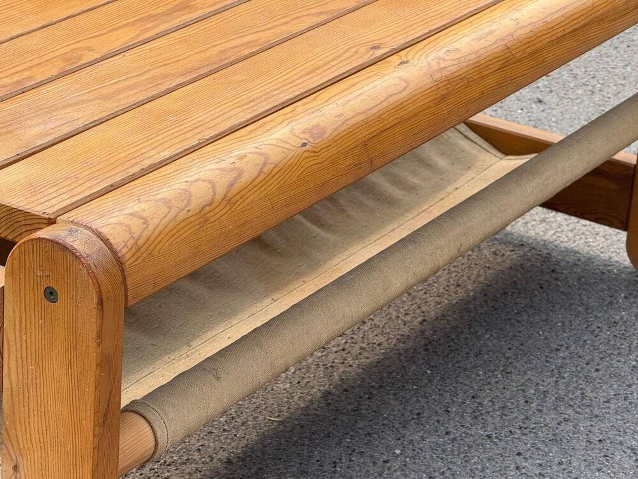 Scandinavian pine bench with canvas storage, 1970s