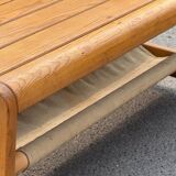 Scandinavian pine bench with canvas storage, 1970s