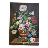Peinture à l’huile sur bois fleurs signée Grumet