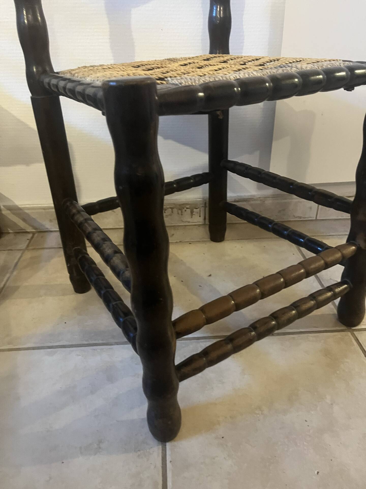 Set of 4 vintage chairs in the style of Charles Dudouyt, made of turned wood and upholstered.