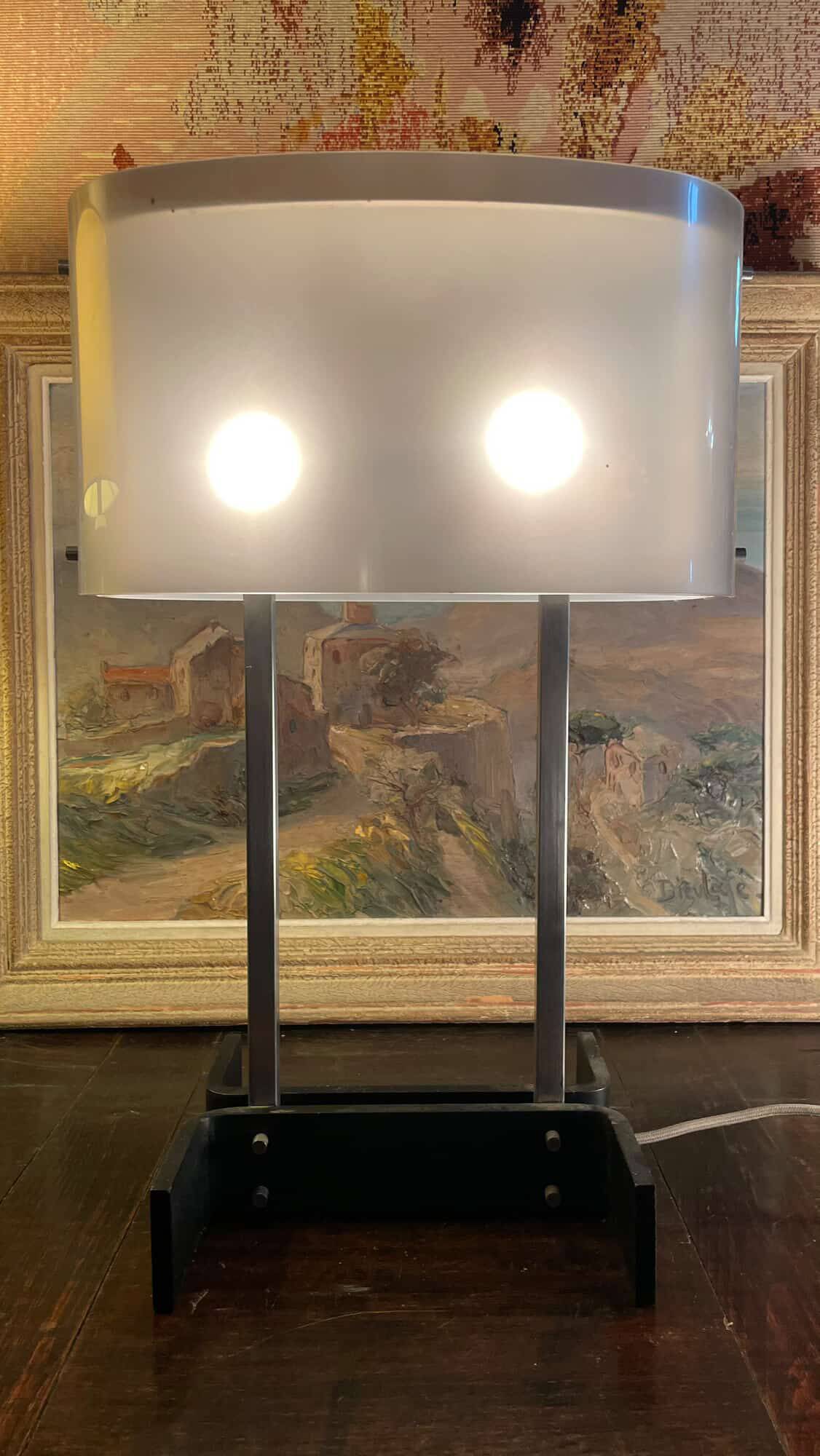 70's design lamp. Chrome with white and smoked grey Plexiglas.
