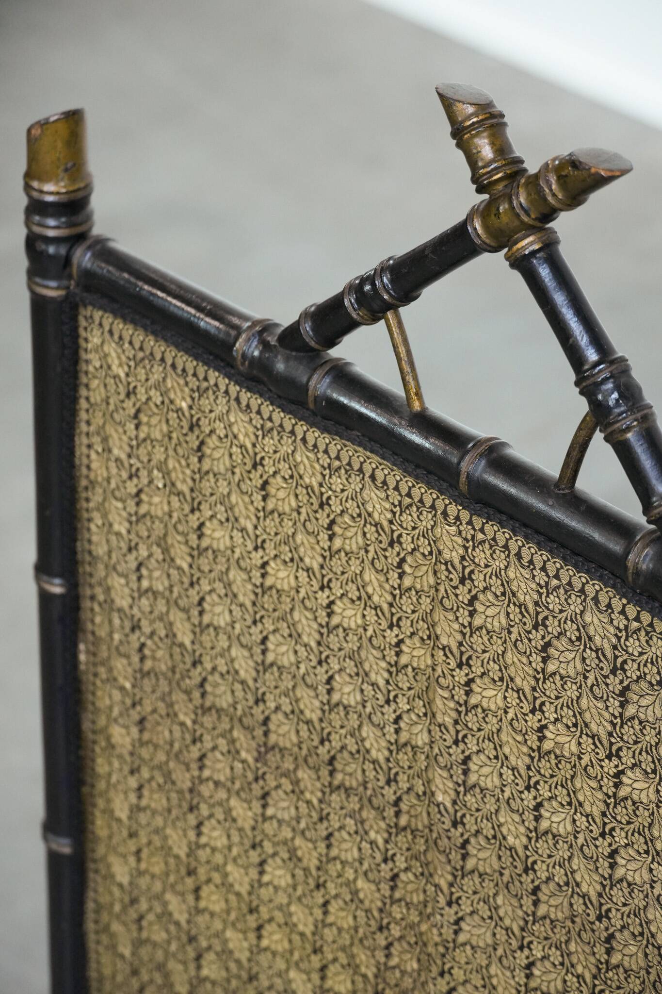 Antique French faux bamboo firescreen with luxurious fabric