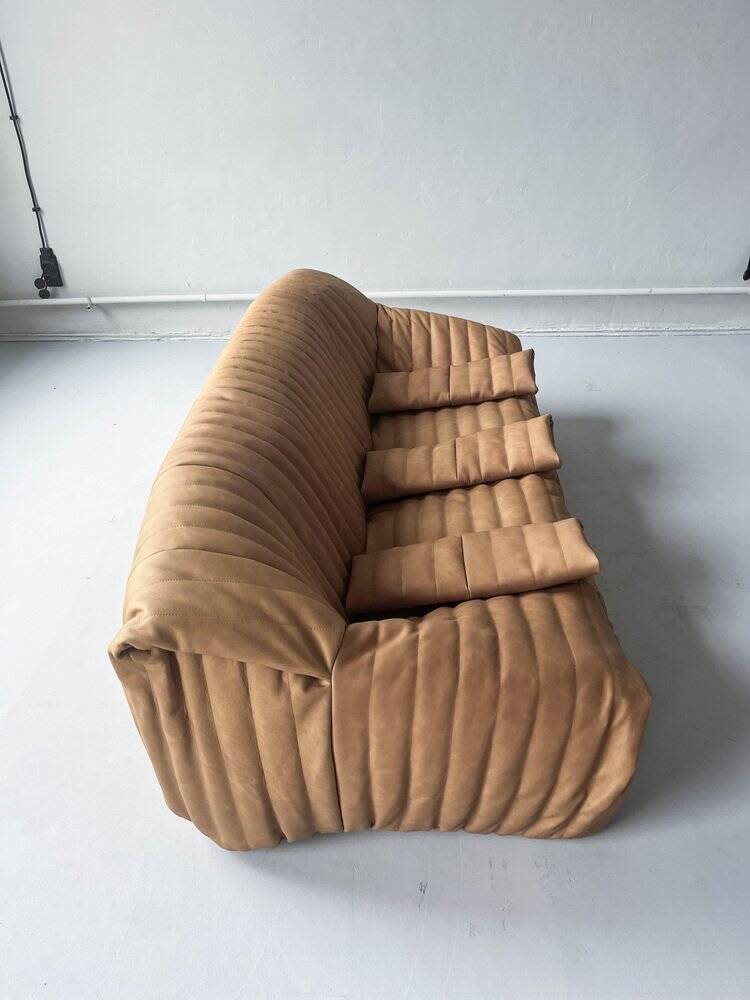 Camel leather 3-seater sofa attributed to Annie Hieronimus for Cinna Ligne Roset, 1973