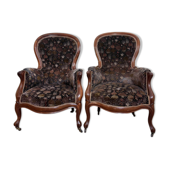 Pair Of Louis XV Style Bergères In Walnut Circa 1850