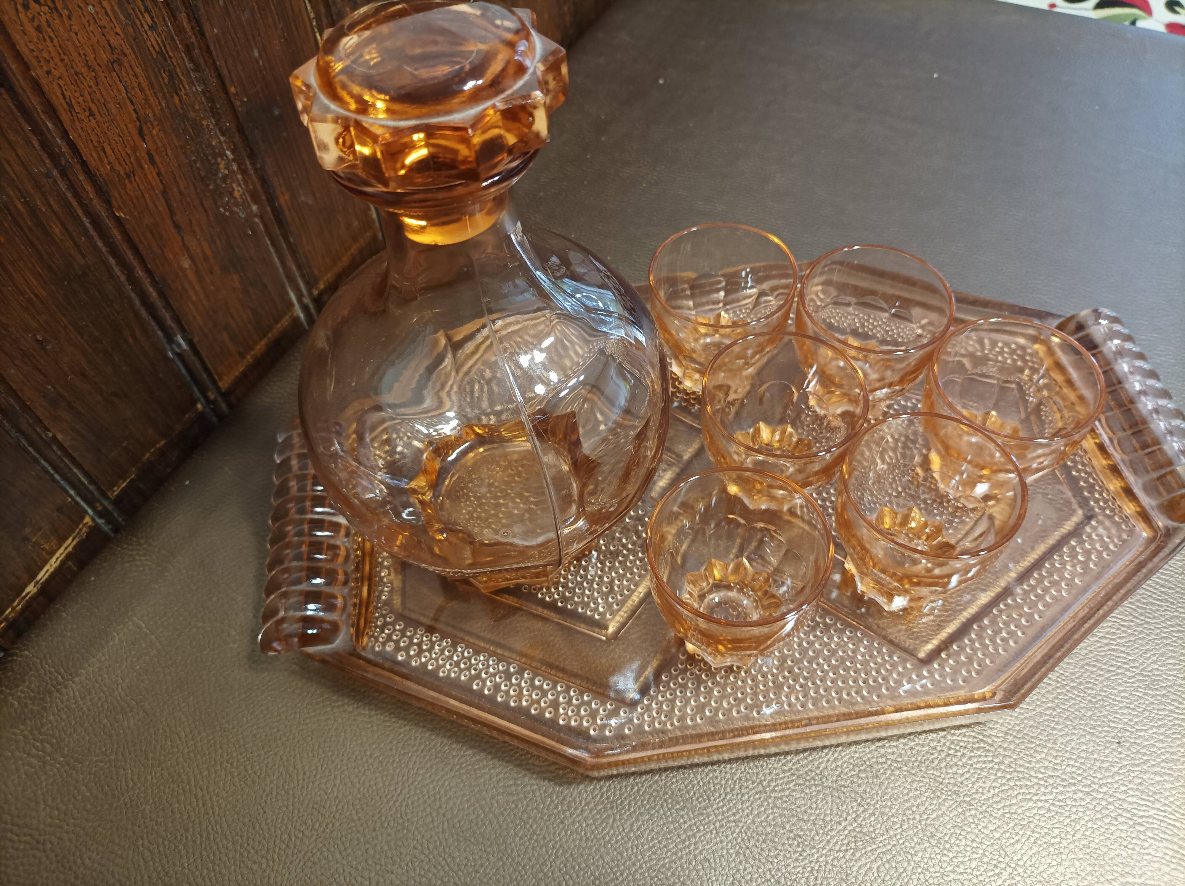 Aperitif set carafe tray and 6 glasses - thick pink glass - art deco