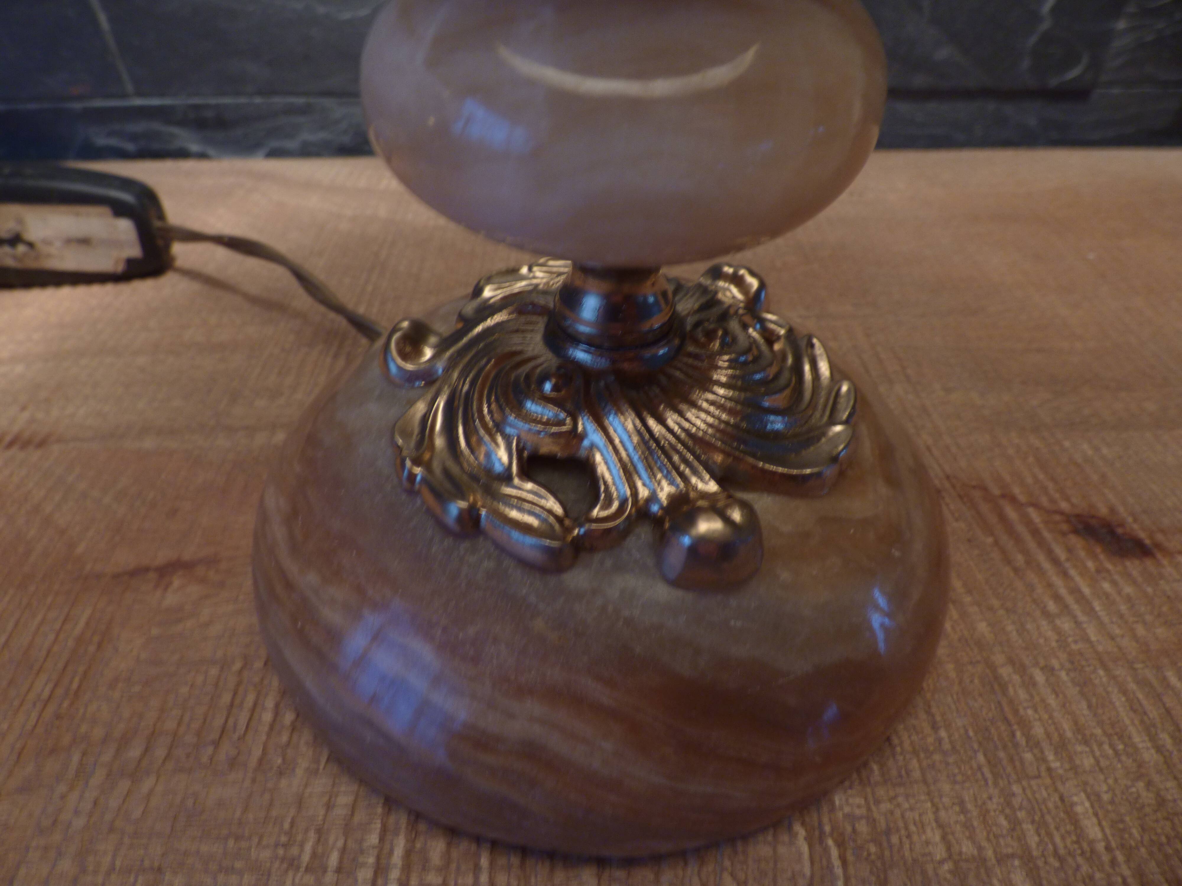 Lamp with base in polished beige-brown stones and its leather lampshade