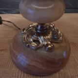 Lamp with base in polished beige-brown stones and its leather lampshade