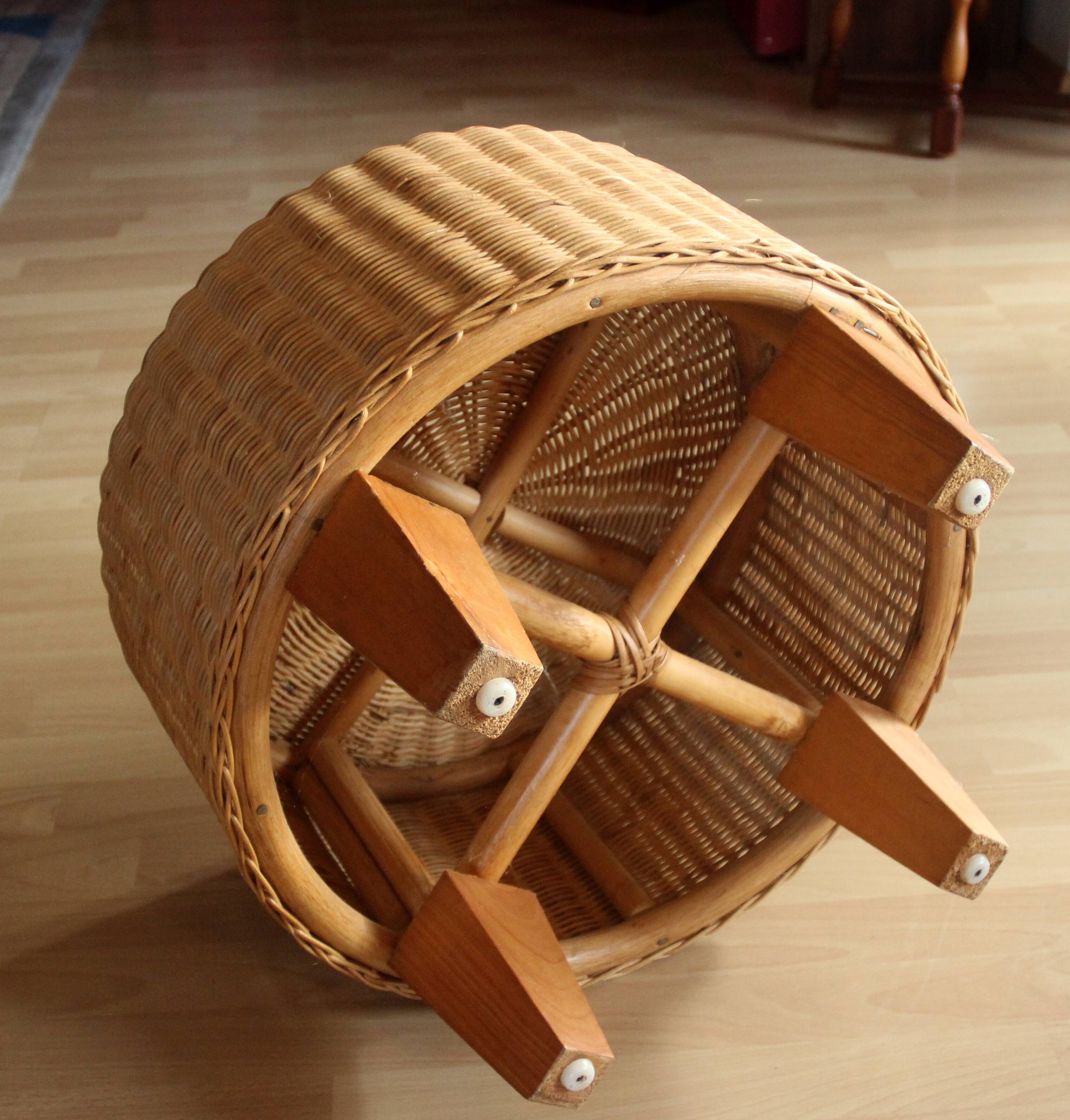 Table d'appoint ronde en rotin, bambou et bois - Vintage