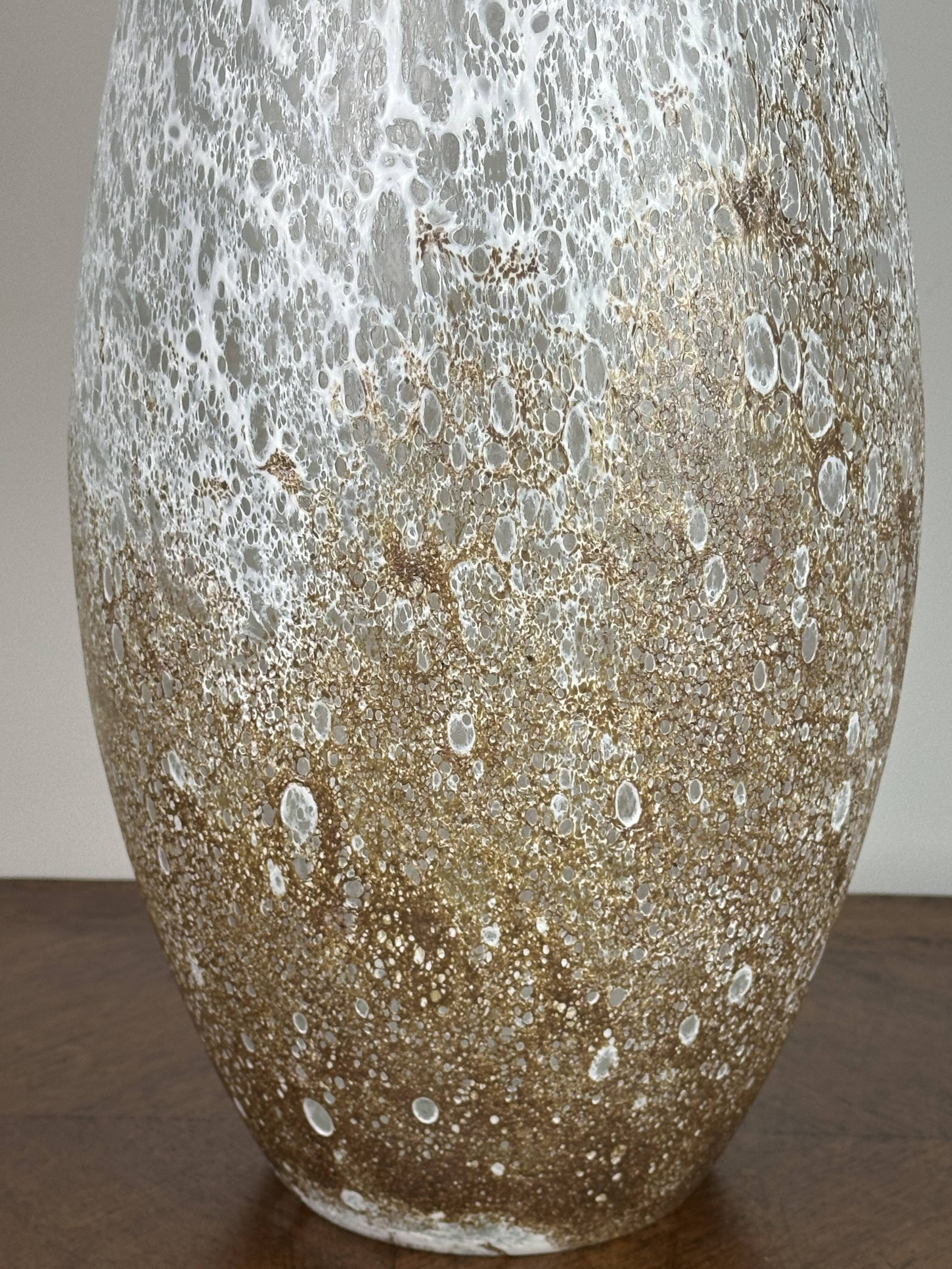 Vintage 80'S white and gold enameled blown glass vase Ht 45 cm