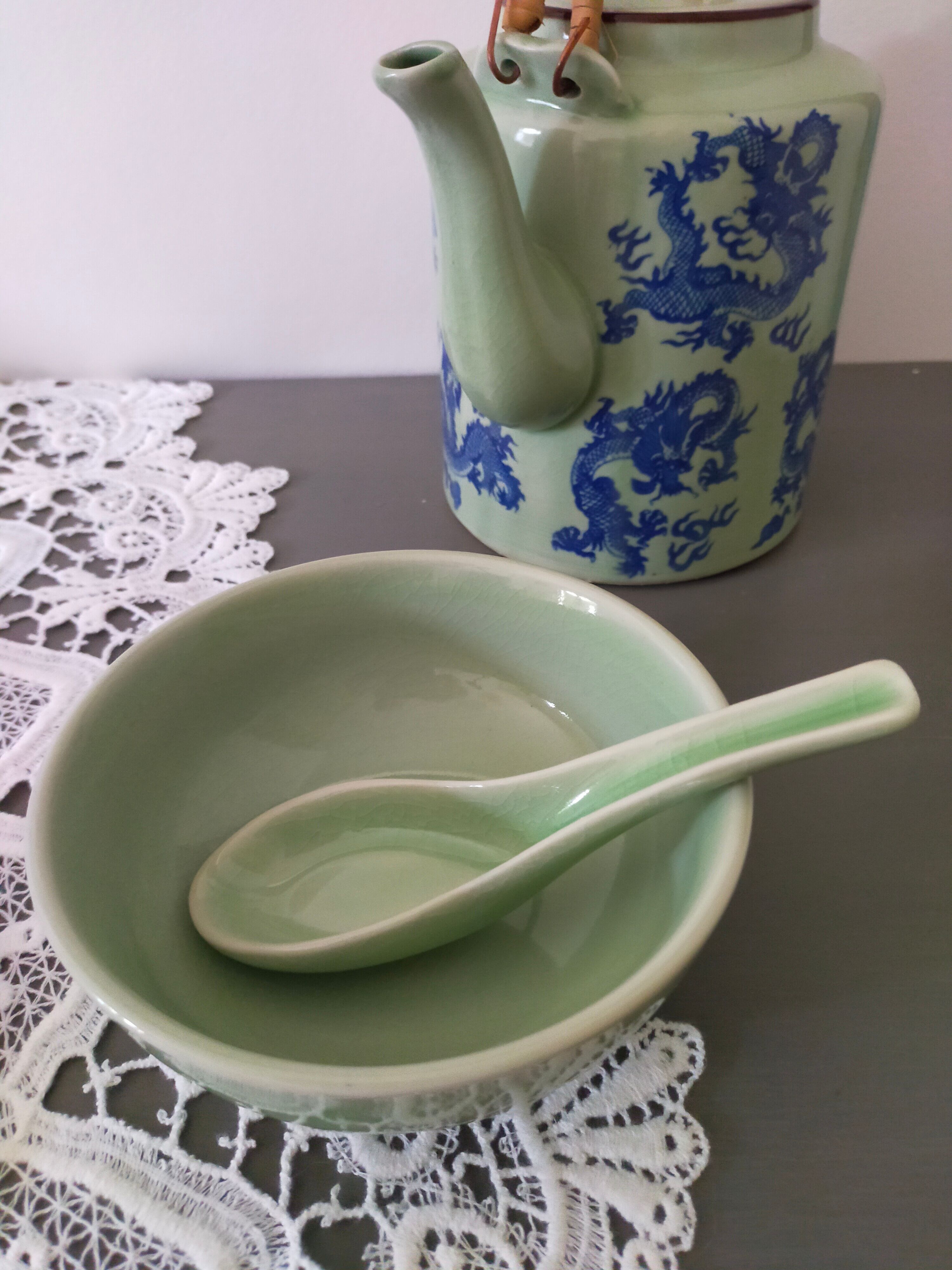 Celadon green glazed ceramic bowl and its vintage spoon/ rice bowl/ soup bowl/ chinese bowl/