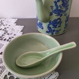 Celadon green glazed ceramic bowl and its vintage spoon/ rice bowl/ soup bowl/ chinese bowl/