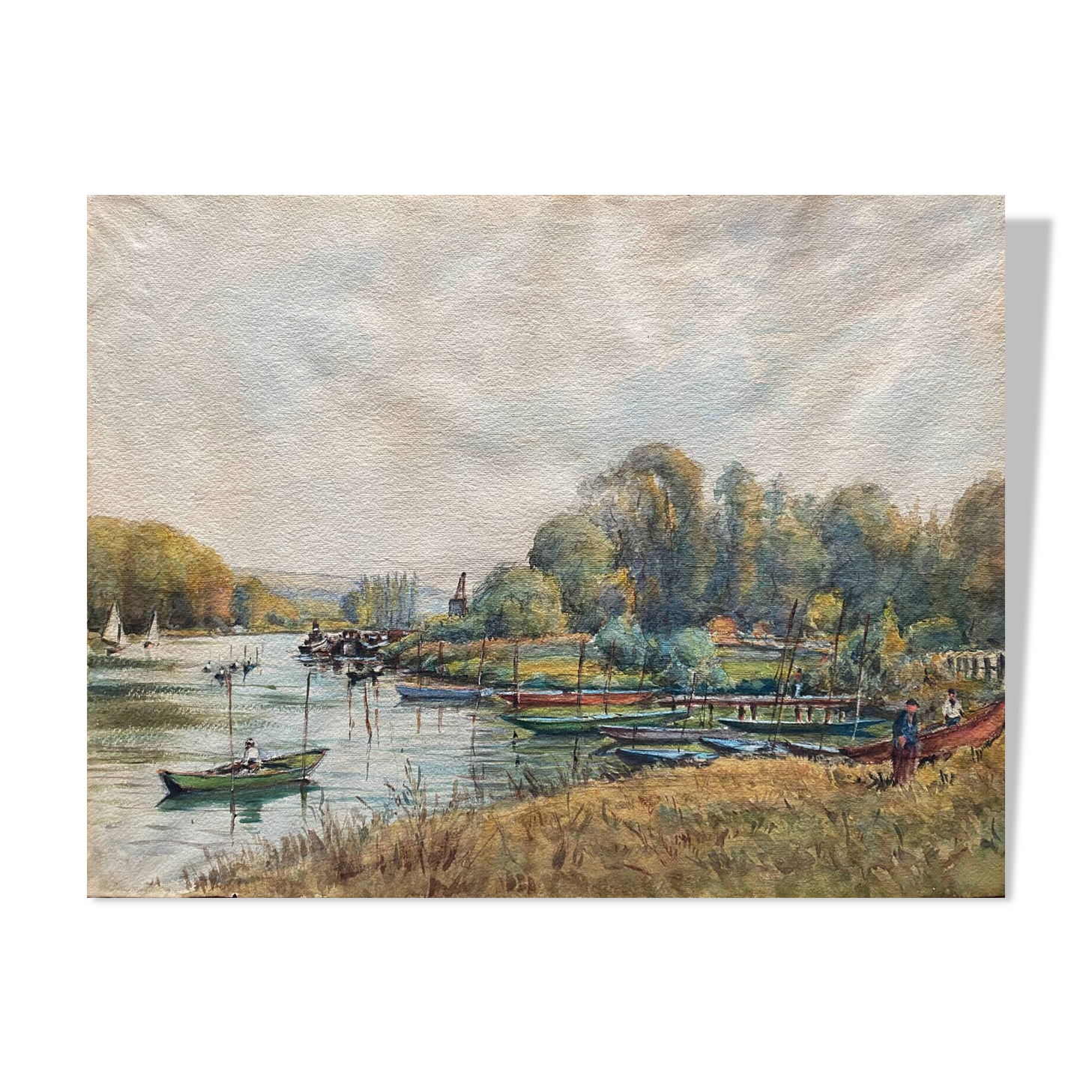 Large watercolor painting "Bords of the Yonne" with boats P. Guillon