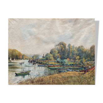 Large watercolor painting "Bords of the Yonne" with boats P. Guillon