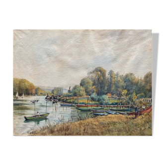 Tableau Aquarelle "Bords de l'Yonne" avec embarcations P. Guillon