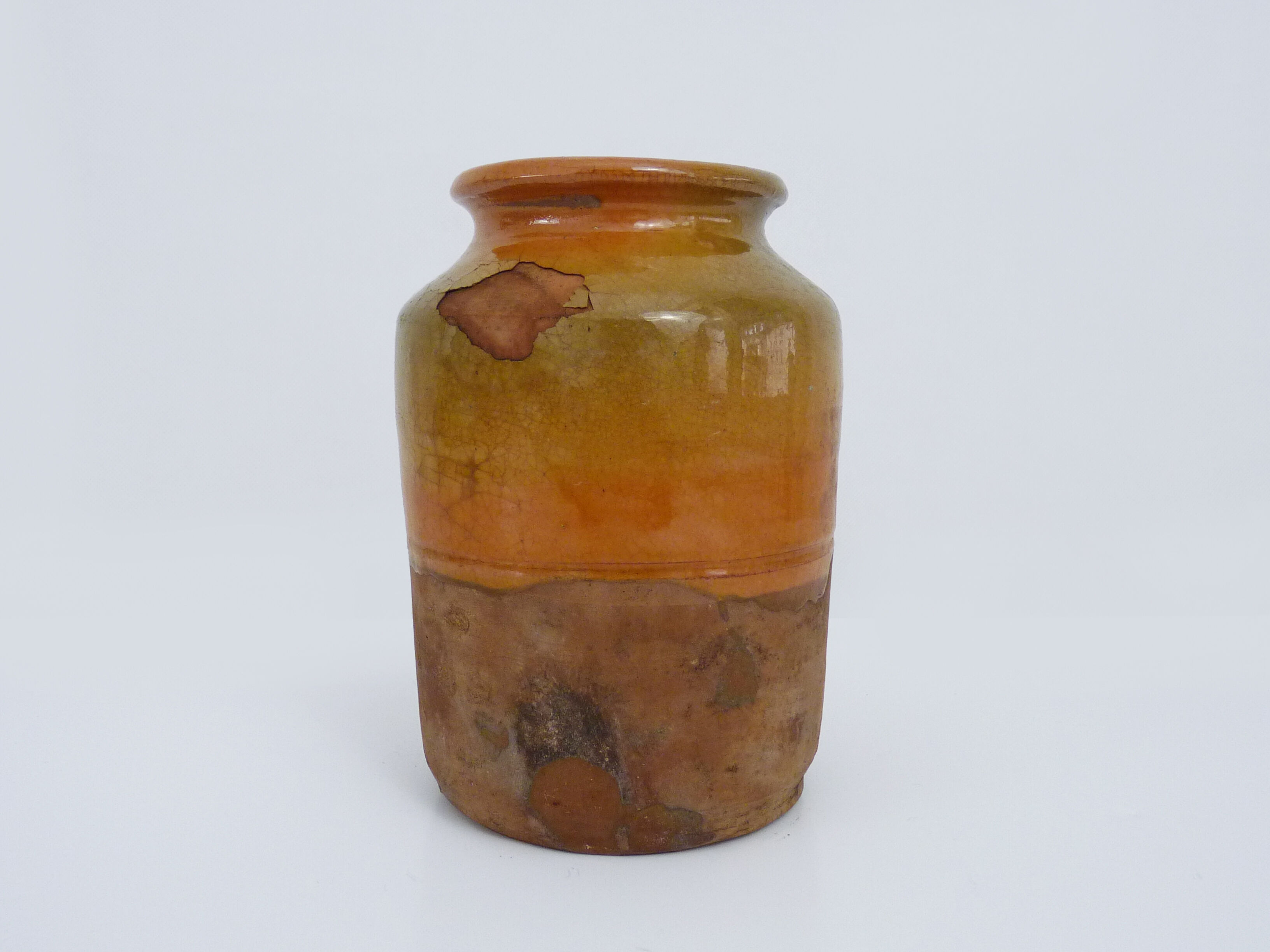 Grease pot in glazed yellow orange terracotta, year 50
