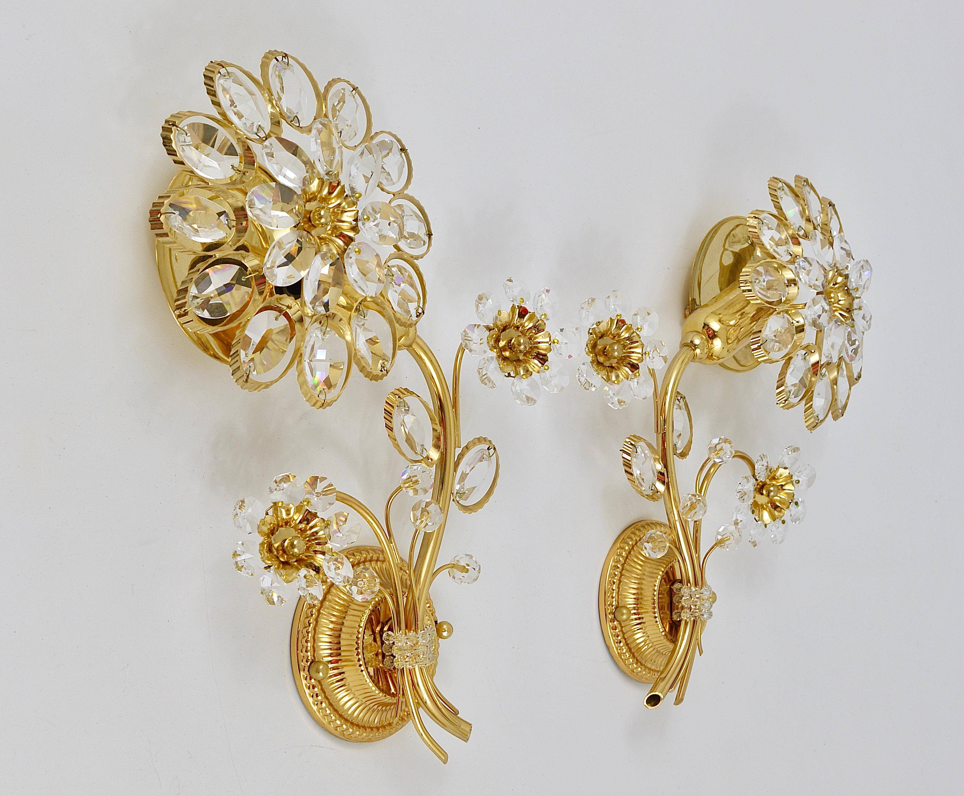Paire d'appliques murales fleur en cristal laiton doré Ernst Palme, Palwa Allemagne, années 1970