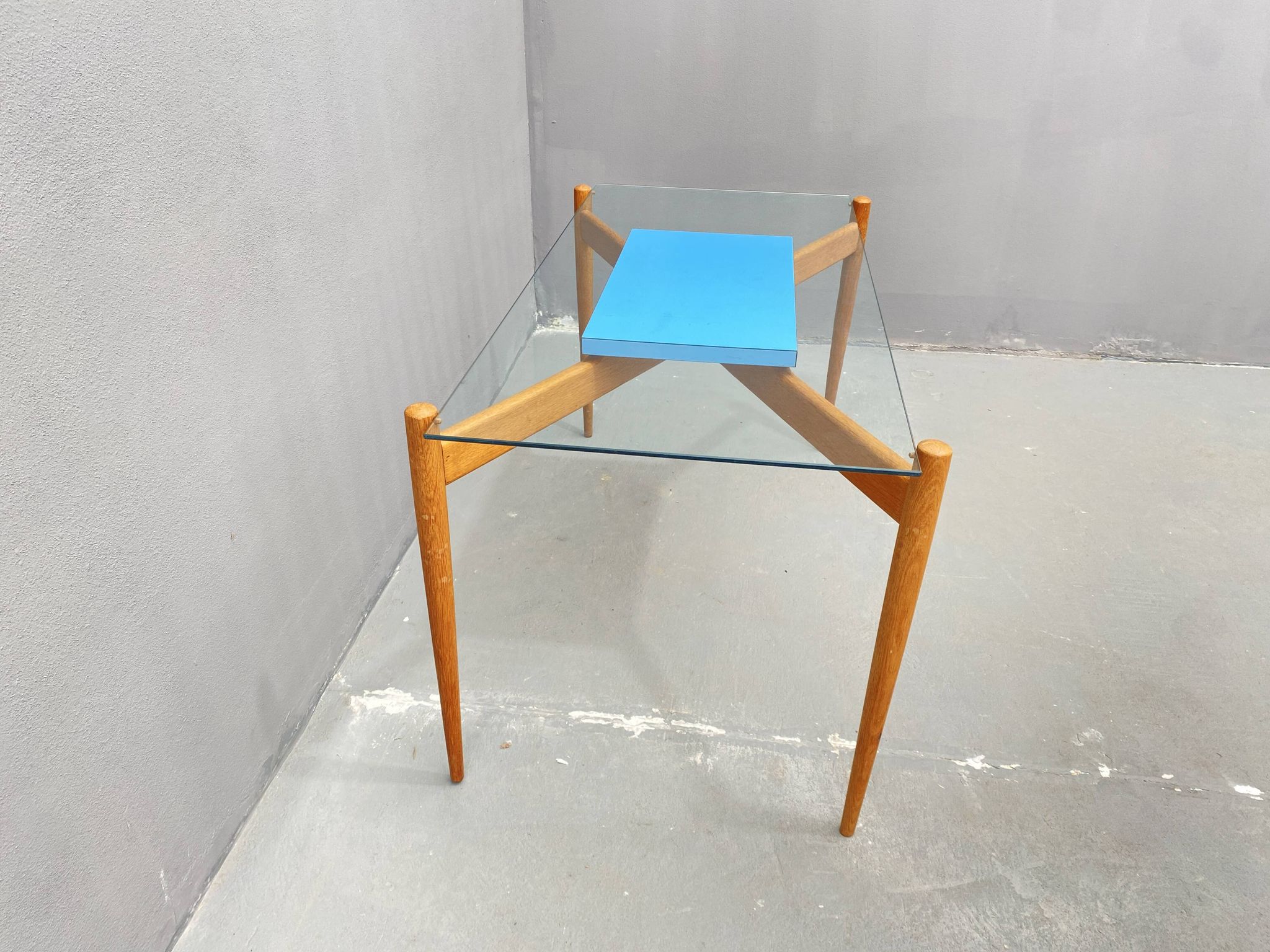 Glass coffee table with a wooden frame, 1960s, Czechoslovakia.
