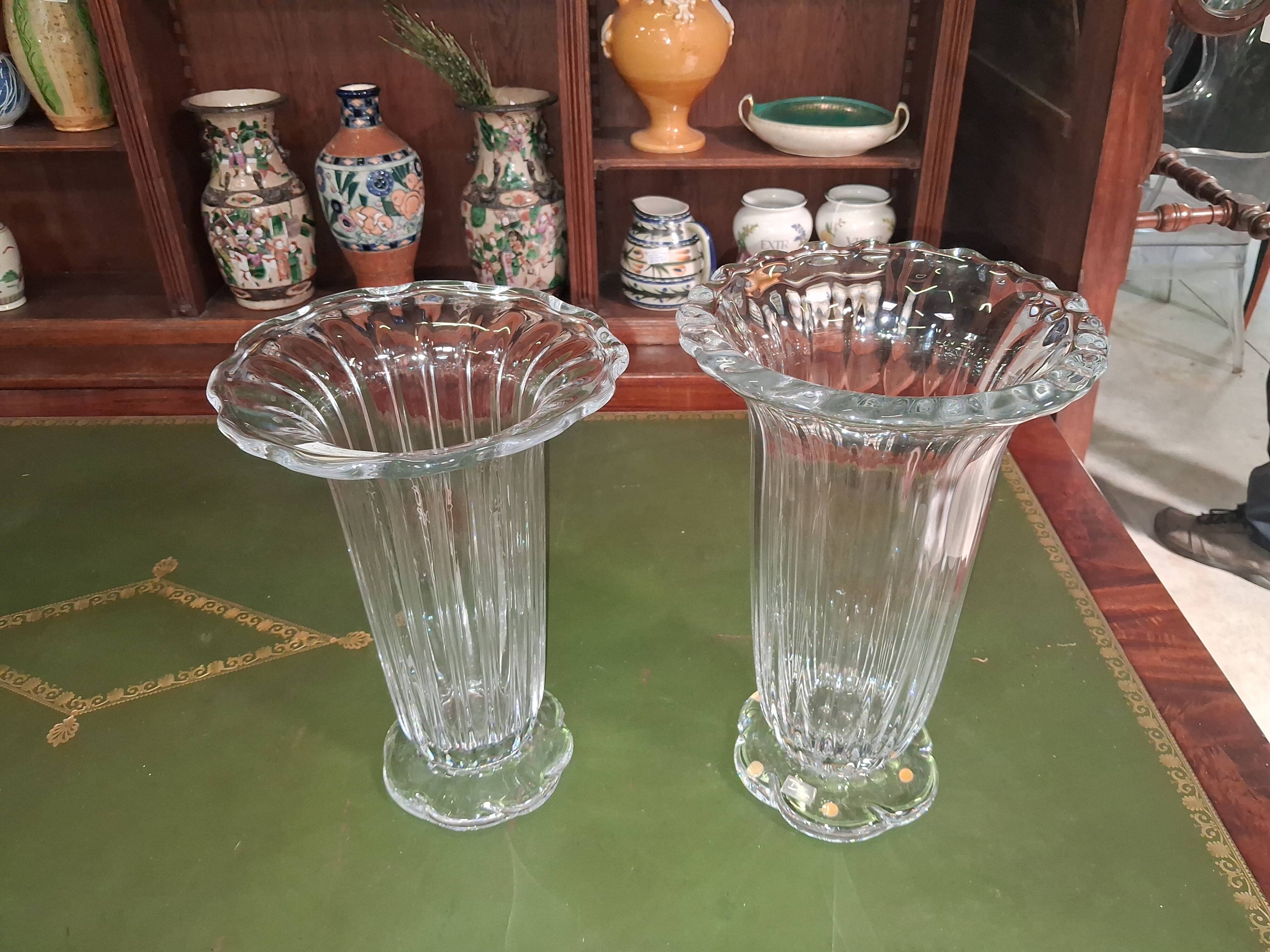 Pair of Daum France crystal cornets vases – Twisted ribbed model