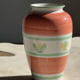 Large vintage pink vase with yellow and green stylized flower patterns H25
