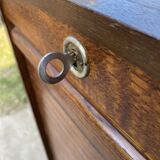 1970 oak office storage cabinet with curtains.