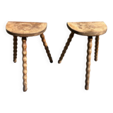 Pair of tripod farm stools in turned wood