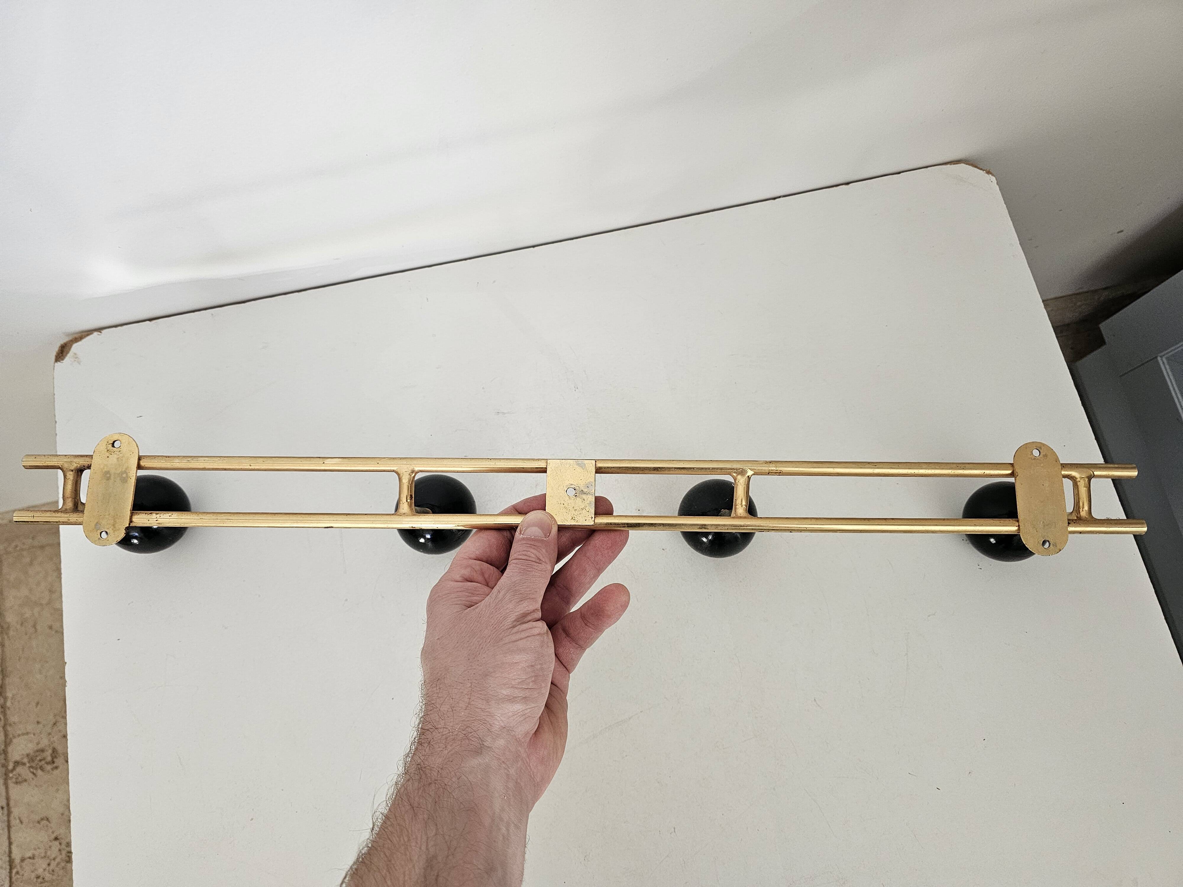 Vintage brass coat rack with black wooden ball (4 hooks)