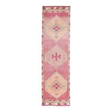 Tapis coureur vintage en laine et coton turc noué à la main rose 96x365