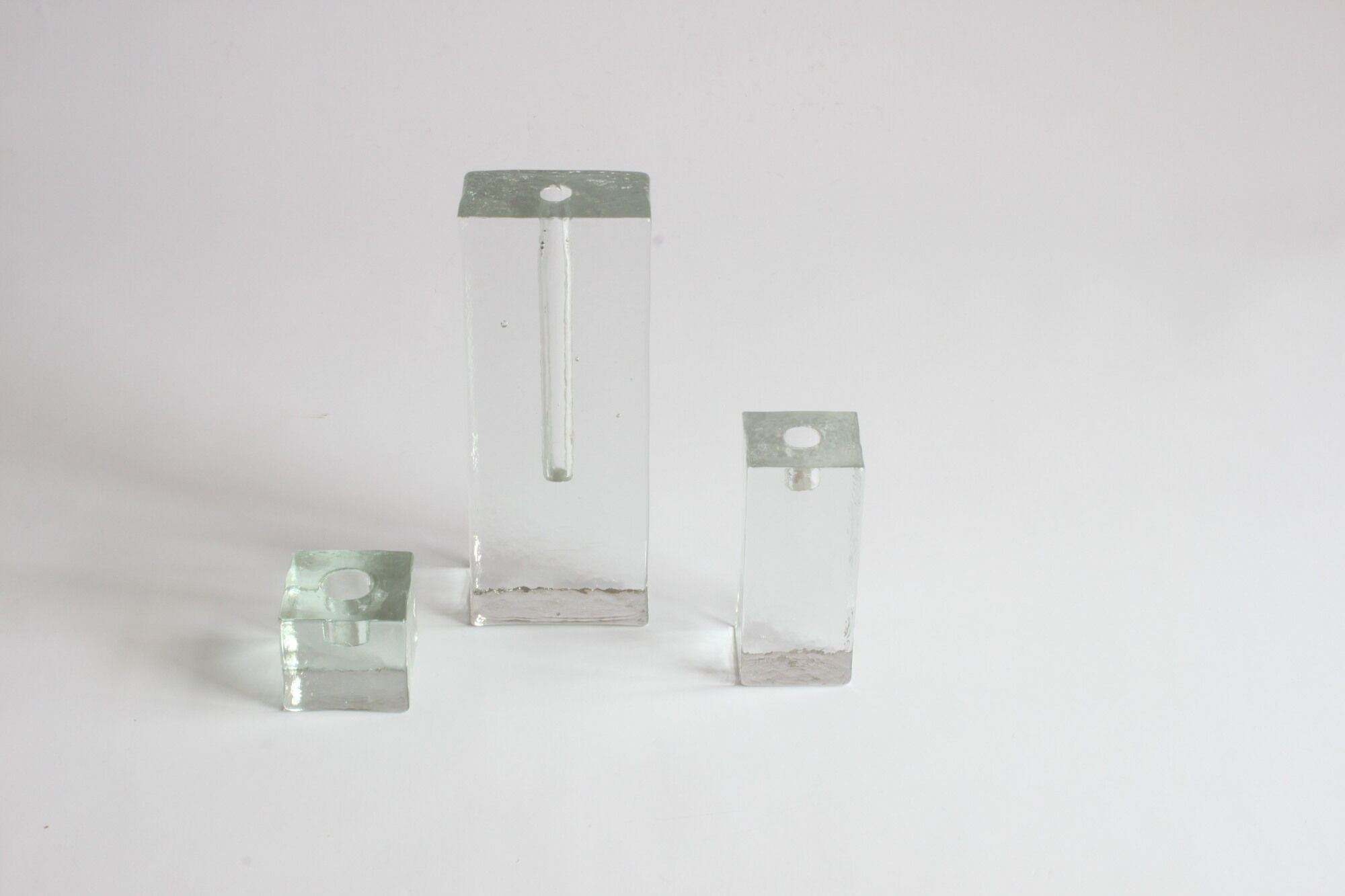 Glass block candlesticks and solifleur vase by Walther glass, Germany 1960s.