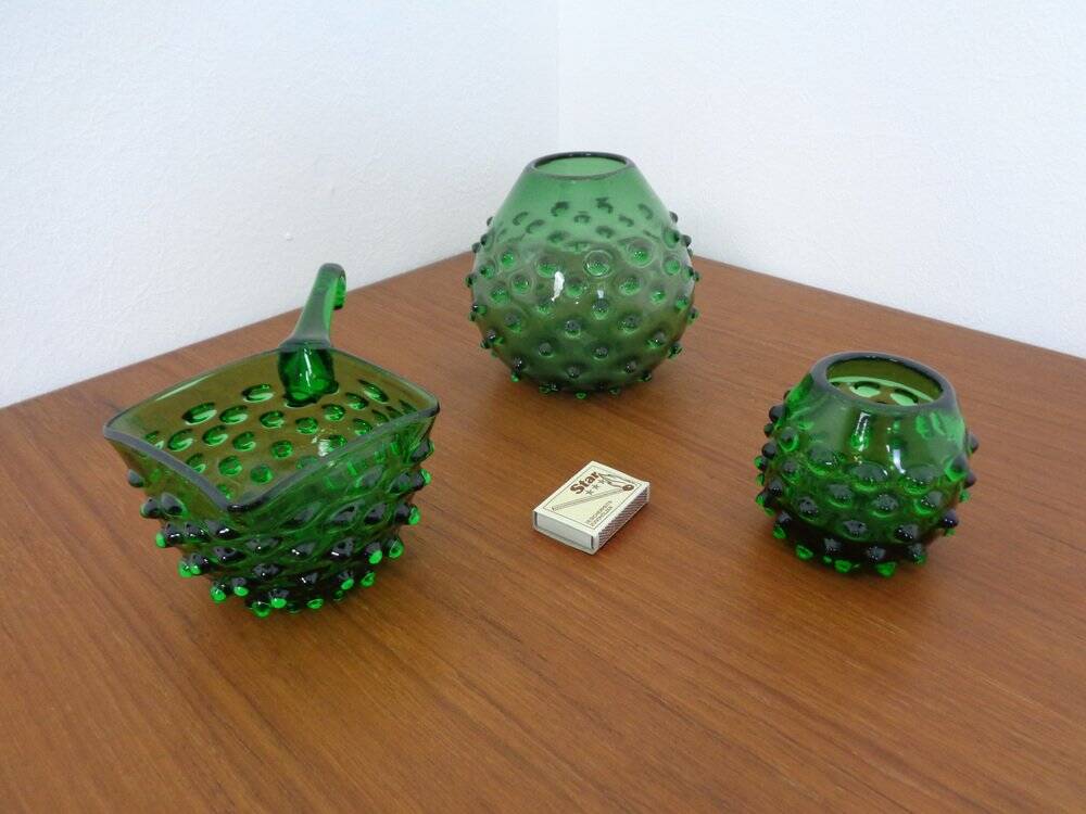 Italian green bubble glass vases and bowl by Empoli, set of 3, 1960s.