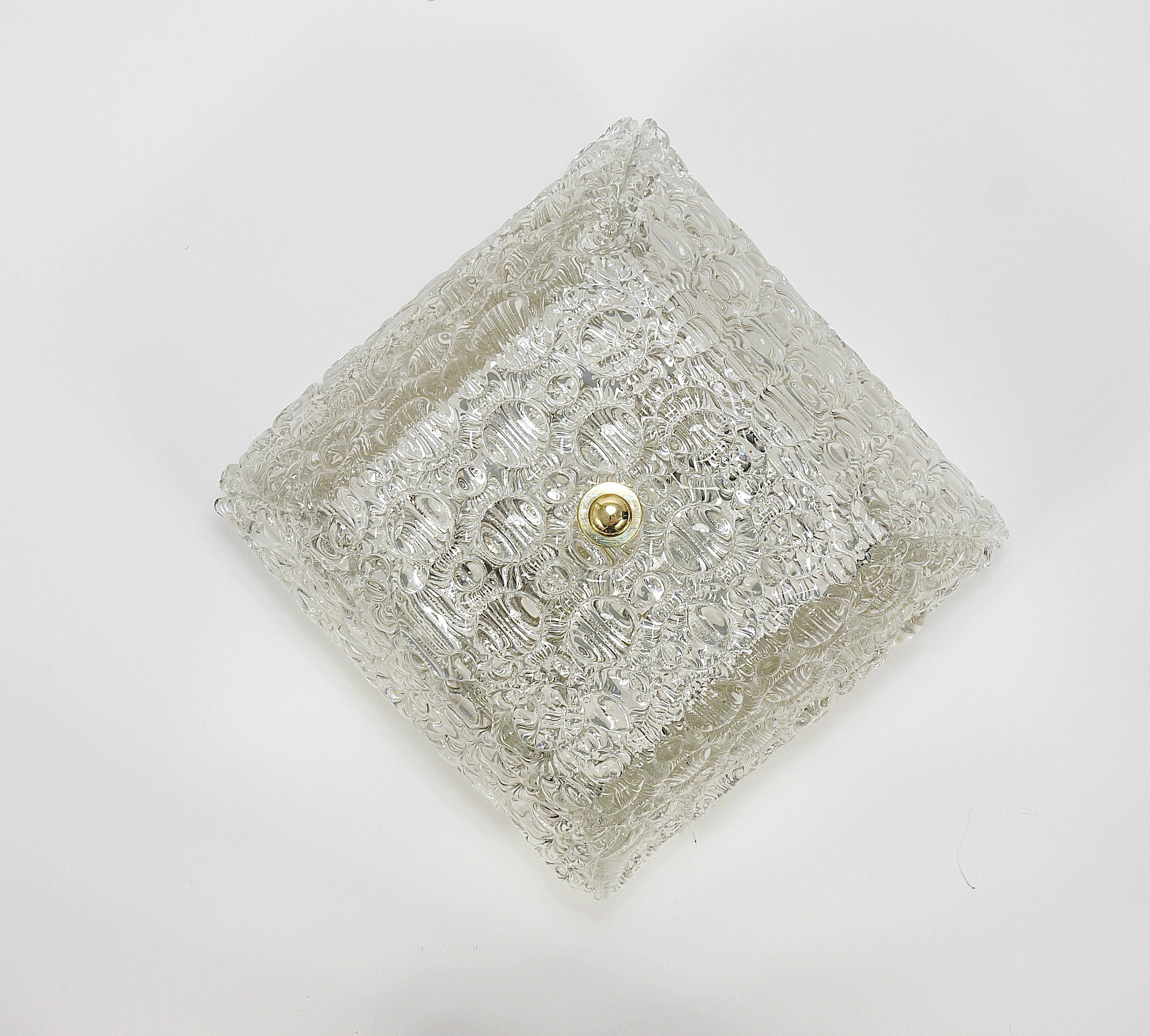 J.T. Kalmar Square Applique Ceiling Light in Brass and Textured Glass, 1950s