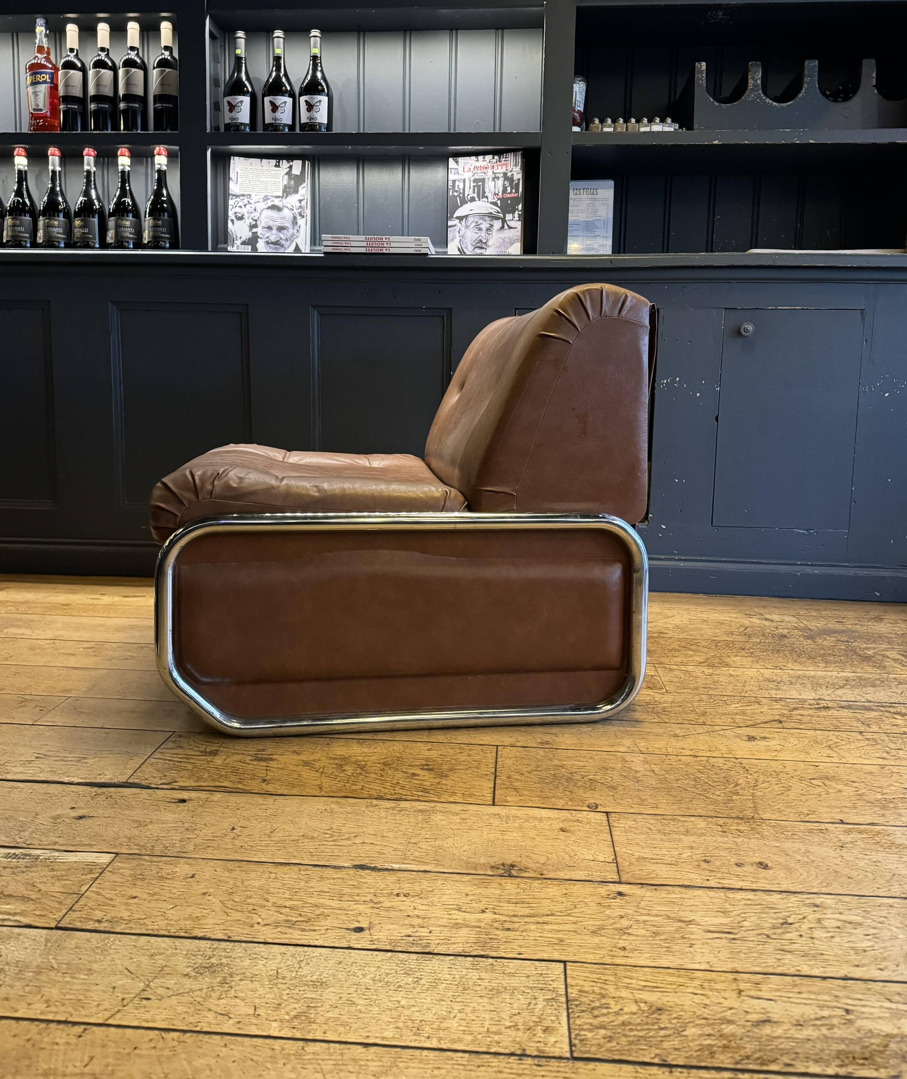 Pair of vintage low chairs, chrome and brown, France 1970