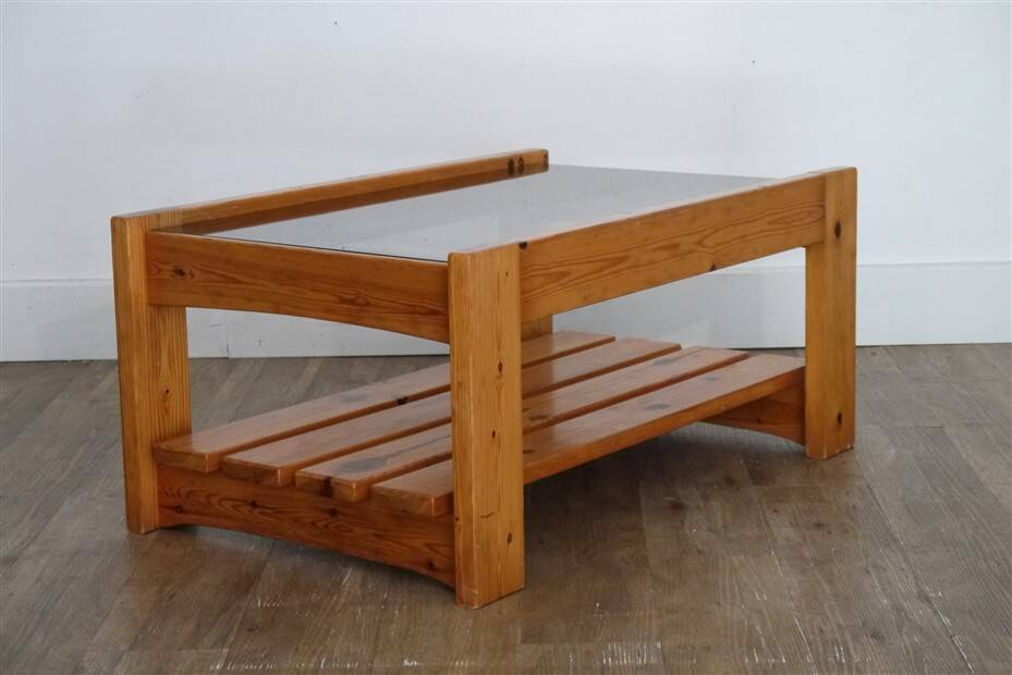 1970s pine and glass coffee table