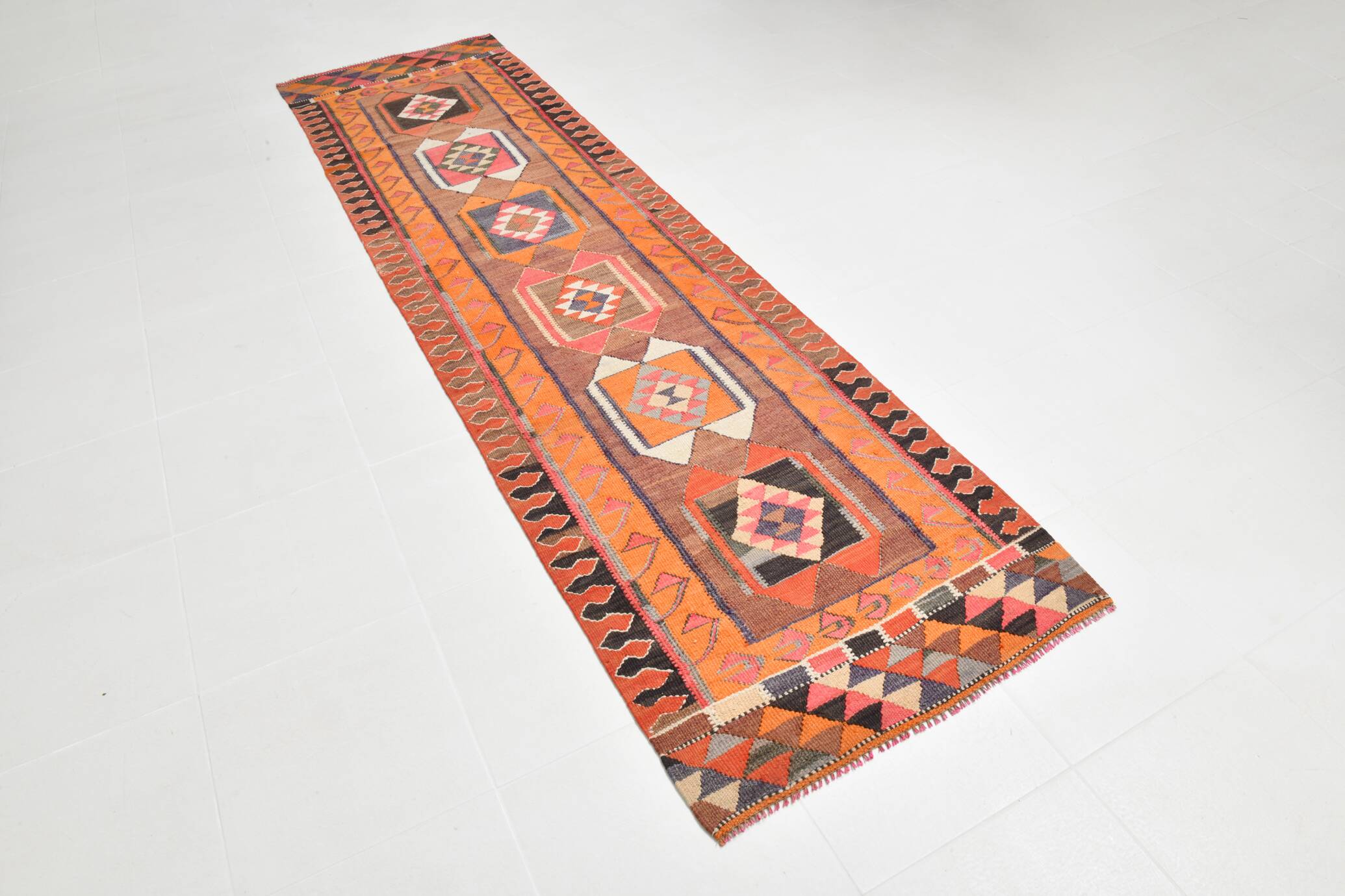 3x11 Orange & Brown Kilim Runner Rug, 88x330Cm