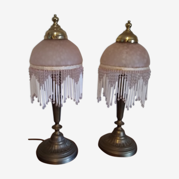Pair of bedside lamps made of glass paste and aged brass