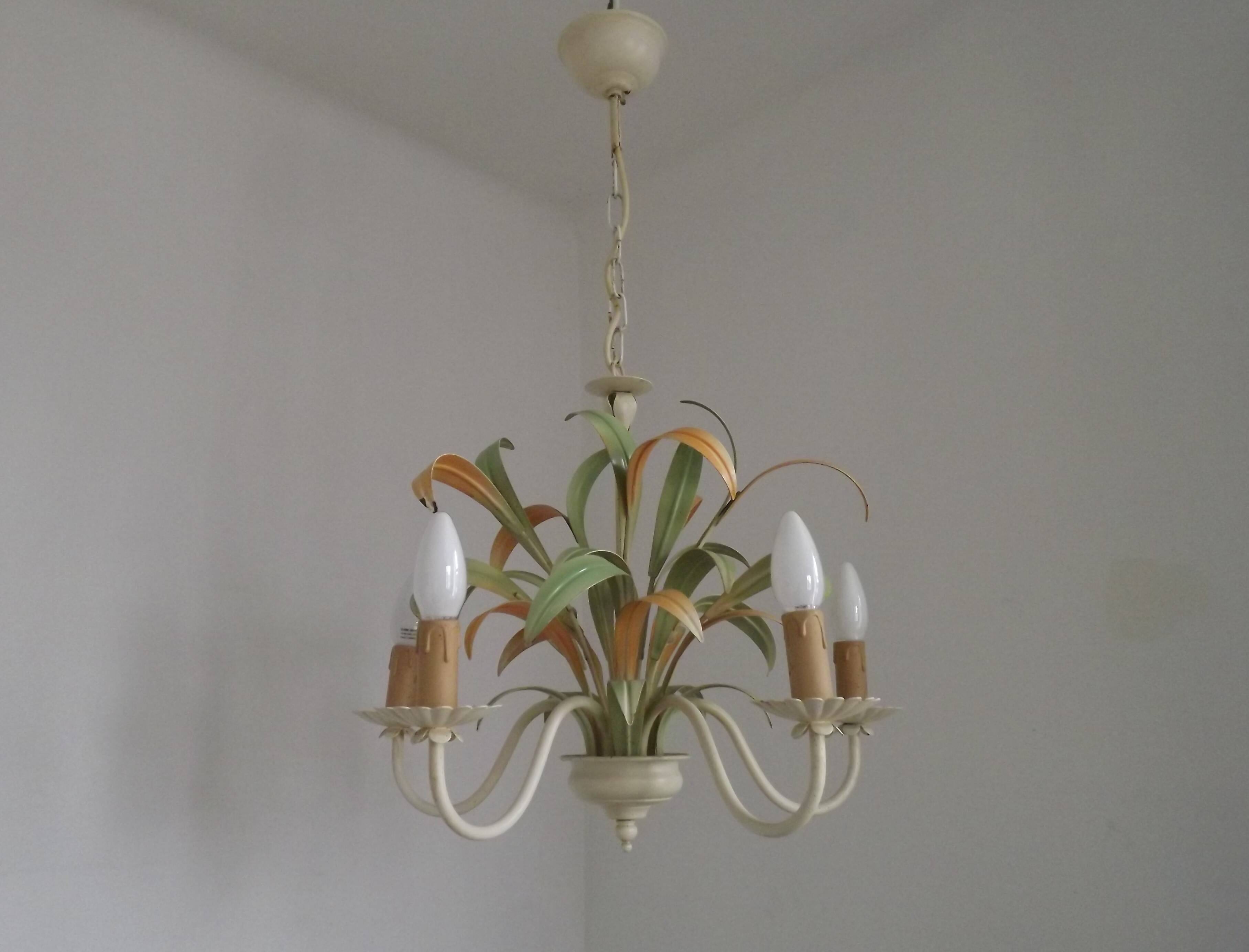 French Vintage Cream 5 Light Metal Chandelier Green and Peach Leaves