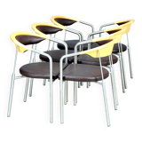 Series of 6 danish armchairs in stainless steel and wood, dark brown leather seats from the 1990s